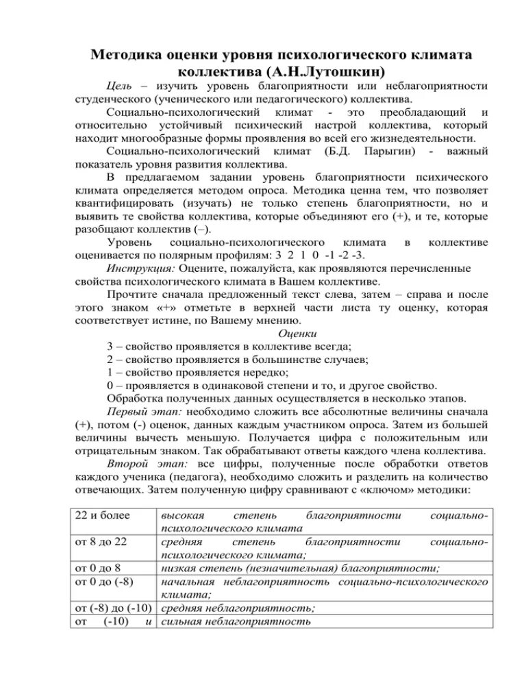 Лутошкин оценка уровня психологического климата коллектива. Лутошкин методика оценки уровня психологического климата коллектива.