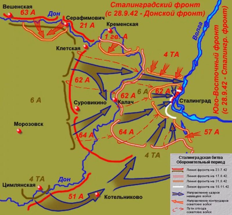 Схемы великих сражений. Карта Сталинградской битвы 1942 года. Карта Сталинградской битвы июль 1942 года. Сталинградская битва карта оборонительный. Карта боевых действий Сталинградской битвы в 1942.