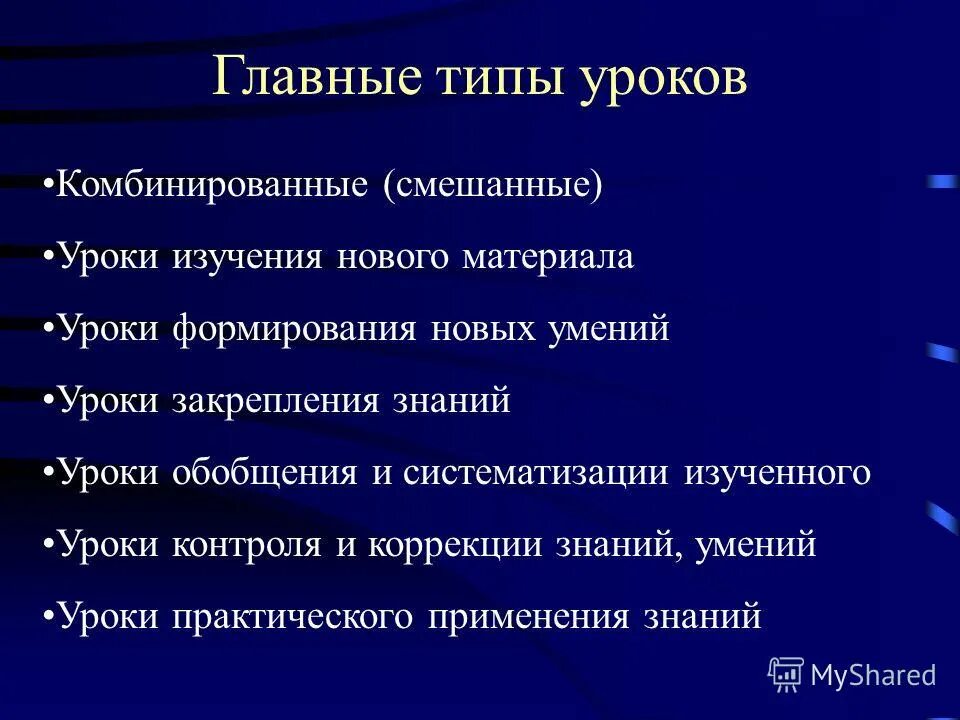 Урок контроля коррекции. Урок изучения новых знаний. Уроки обобщения и контроля. Урок применения знаний и умений. Смешанные типы урока.