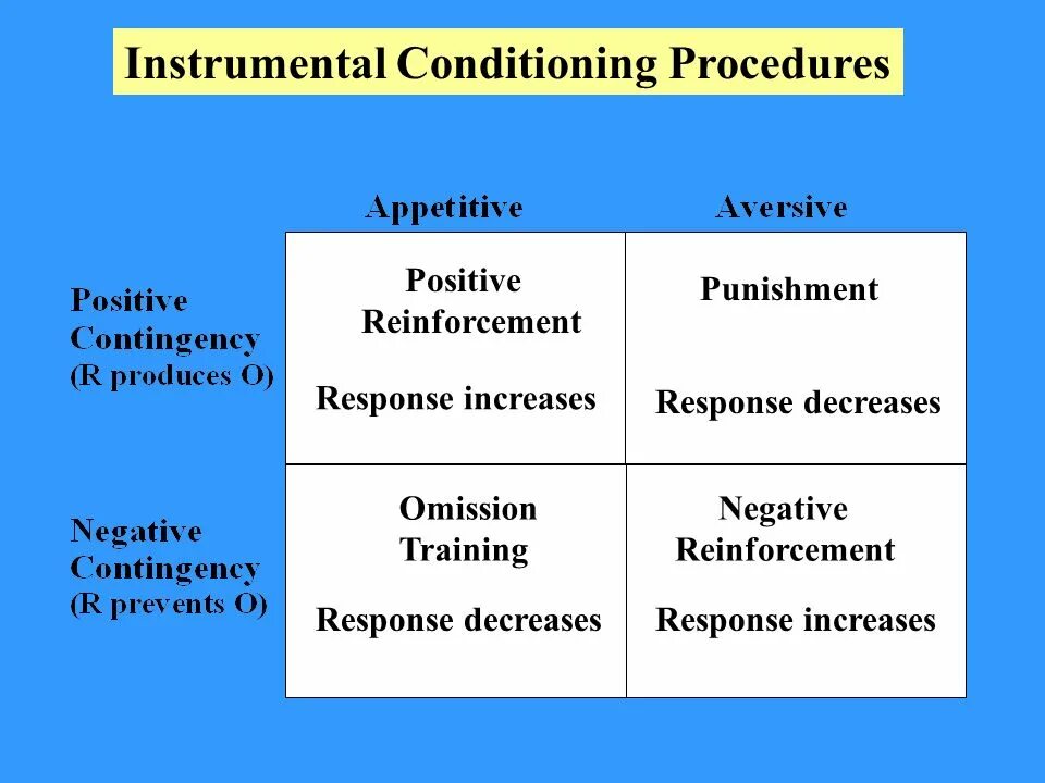 Instrumental conditioning. Positive reinforcement. Positive punishment. Big conditioning procedure. Conditioning process