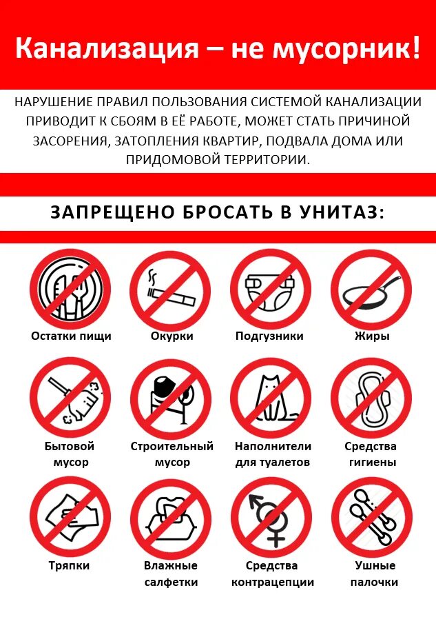Правила эксплуатации канализации. Запрещается выбрасывать в канализацию. Запрещено бросать в унитаз. Памятка пользования канализацией. Правила пользования канализацией.