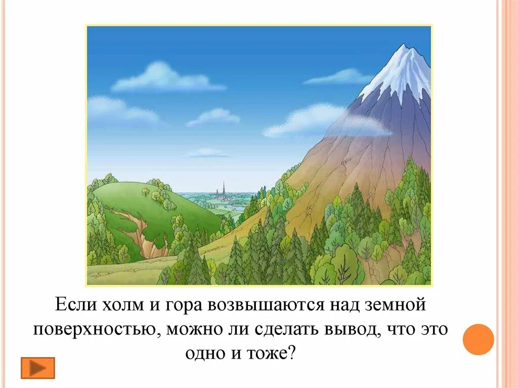 Работа холм. Горы и холмы окружающий мир. Формы земной поверхности 2 класс. Холм и гора 2 класс окружающий мир. Формы земной поверхности горы.