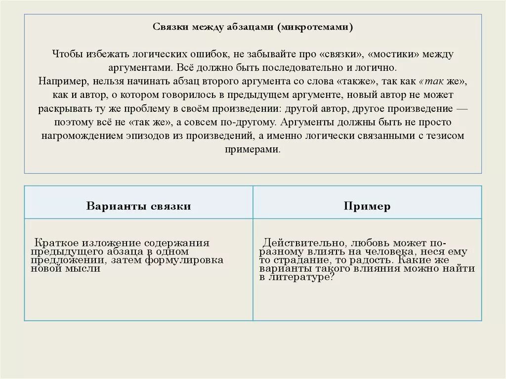 Связки между абзацами. Примеры связок. Связка между тезисом и аргументами. Мостик между аргументами.