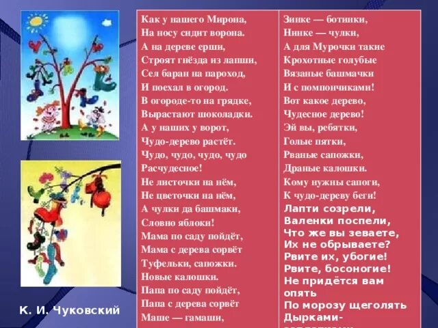 Как у нашего мирона. Чудо-дерево Чуковский текст. Чудо-дерево Чуковский читать. У Мирона на носу сидит ворона.