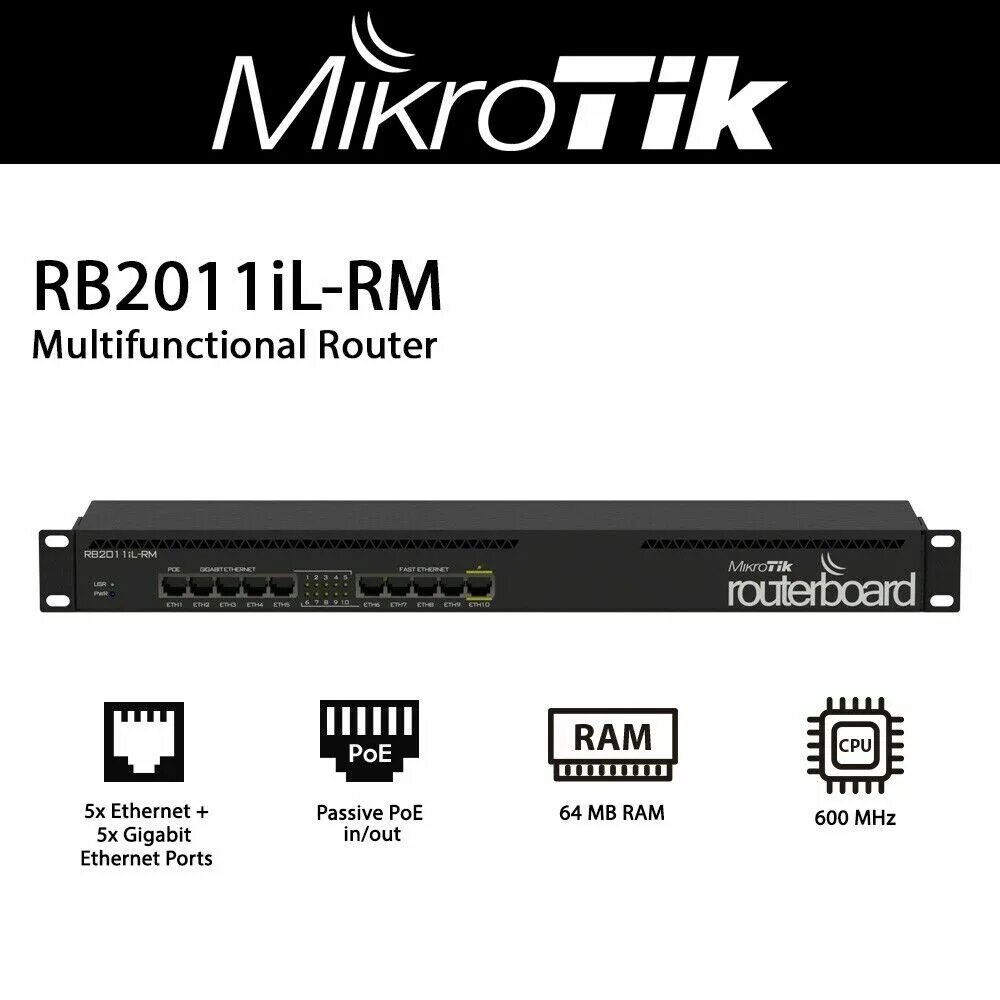 Mikrotik rb2011il rm. 2011il-rm. маршрутизатор mikrotik routerboard 2011il. коммутатор mikrotik rb2011il-in routerboard 2011il with indoor case and power supply.