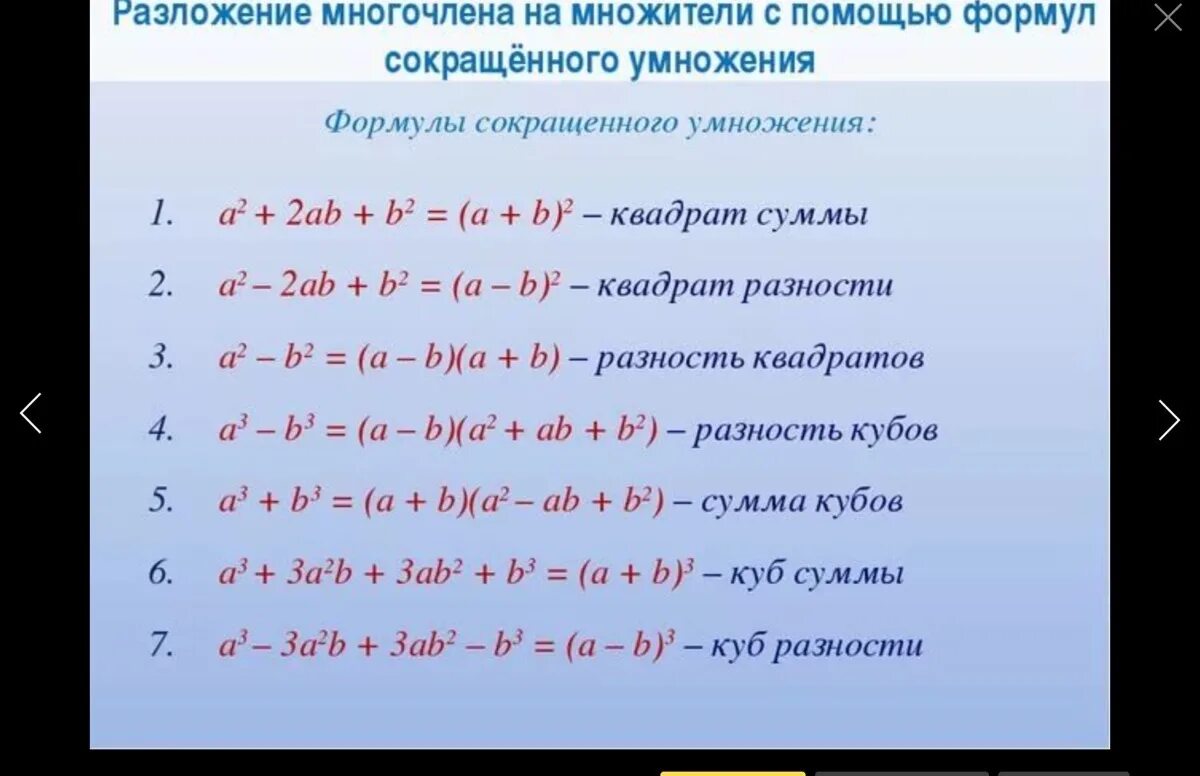 Формулы разложения многочлена на множители. Формулы разложения многочлена. Правила разложения на множители. Разложение многочлена на множители формулы сокращенного умножения.