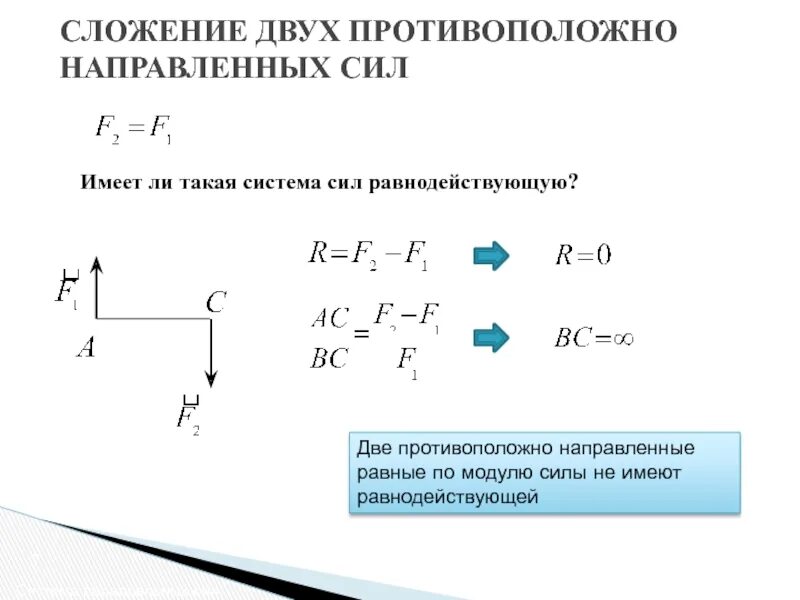 Направление действия силы противоположно. Сложение двух сил. Сложение двух противоположно направленных параллельных сил. Равнодействующая параллельных сил. Система параллельных сил.