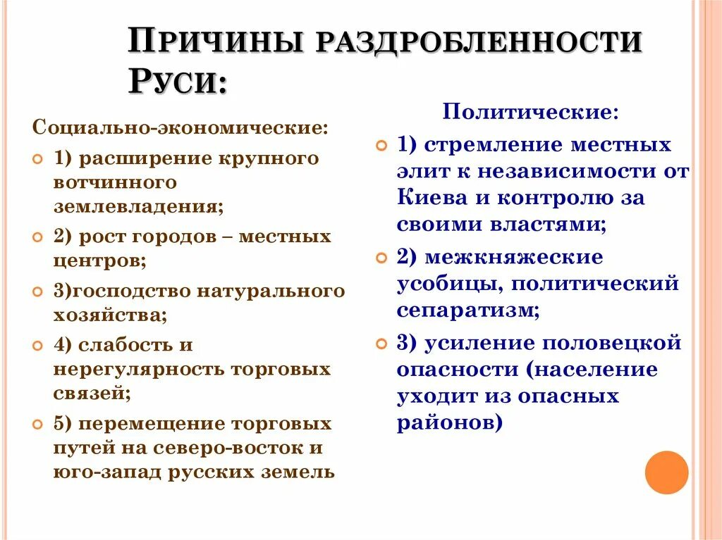 Причины раздробленности на руси кратко 6 класс