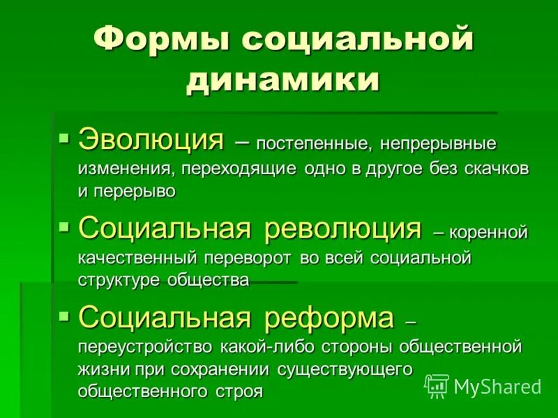 Основные формы социальной динамики. Социальная динамика общества. Социальные изменения это переход