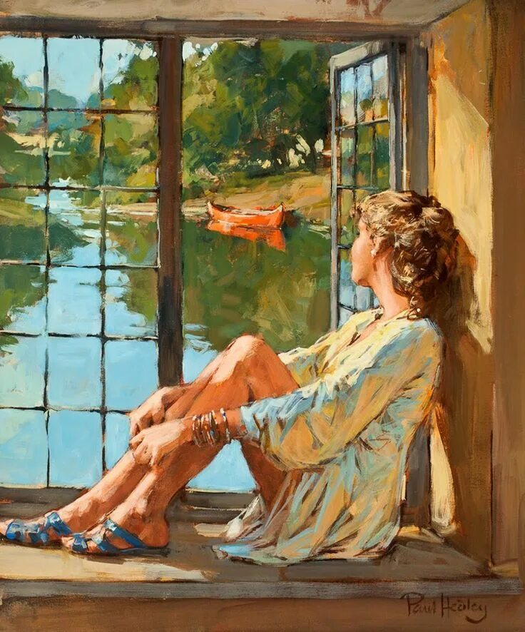 Девушка любуется картиной. Женская фигура у окна сальвадор дали. Женское счастье живопись. Художник erdinc altun. Спокойствие живопись.