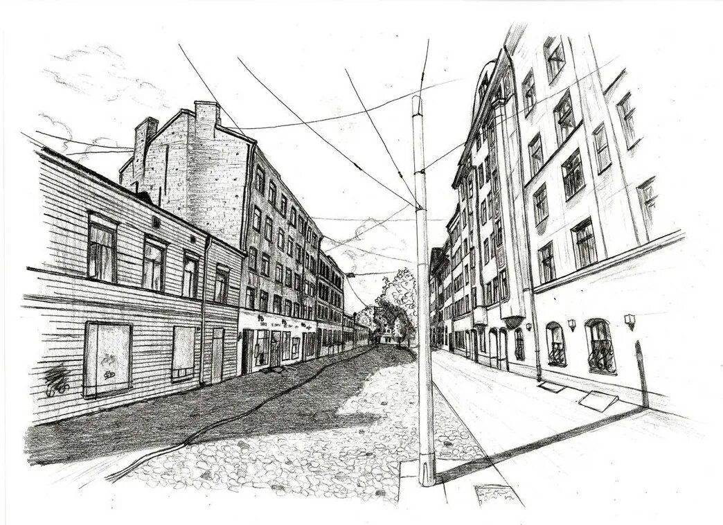 Нарисовать рисунок улицы. Зарисовка города линейная перспектива. Пейзаж города линейная перспектива. Наброски с линейной перспективой города. Перспектива с одной точкой схода архитектура.