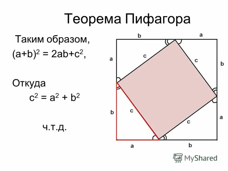 Теорема Пифагора формула ab2. Доказательство теоремы Пифагора через квадрат. Теорема Пифагора квадрат гипотенузы равен сумме квадратов катетов.