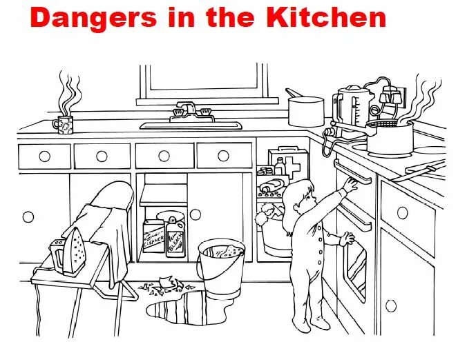 Be safe in the kitchen. Кухня раскраска для детей. Опасности на кухне. Домашние опасности раскраска для детей. Раскраска безопасность на кухне.