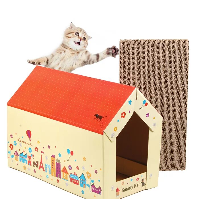 кот на игрушечной кровати. когтеточка для кошек картонная лежанка. домик для котенка. игрушки для котов и кошек. кошкины игрушки.