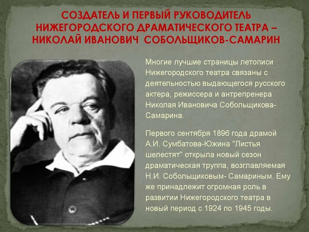 Основателем русского театра считается. Николая Ивановича Собольщикова - Самарина Нижегородский театр. Николая Ивановича Собольщикова - Самарина (1868—1945). Основатель Нижегородского театра.