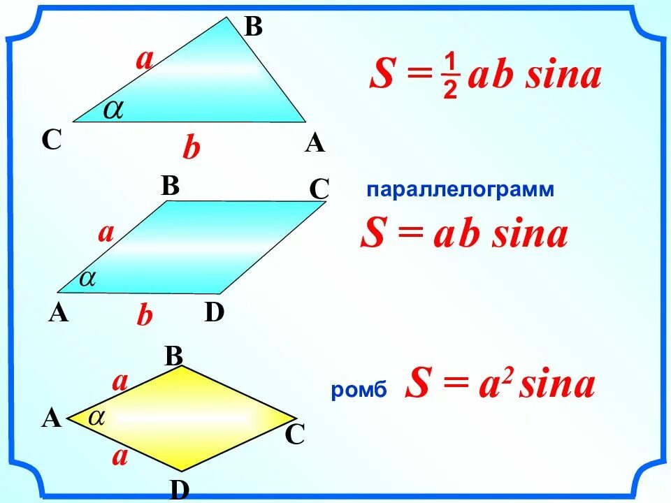 Формула нахождения площади ромба 9 класс. Площадь треугольника и параллелограмма через синус. Формула площади параллелограмма через синус. Площадь ромба чере Синун. Формулы площадей треугольников параллелограммов трапеции