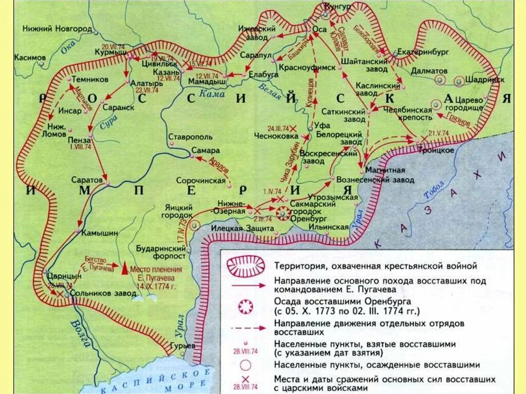 Карта восстание под предводительством пугачева 8 класс. Карта Восстания Пугачева 1773-1775. Восстание Емельяна Пугачева карта.