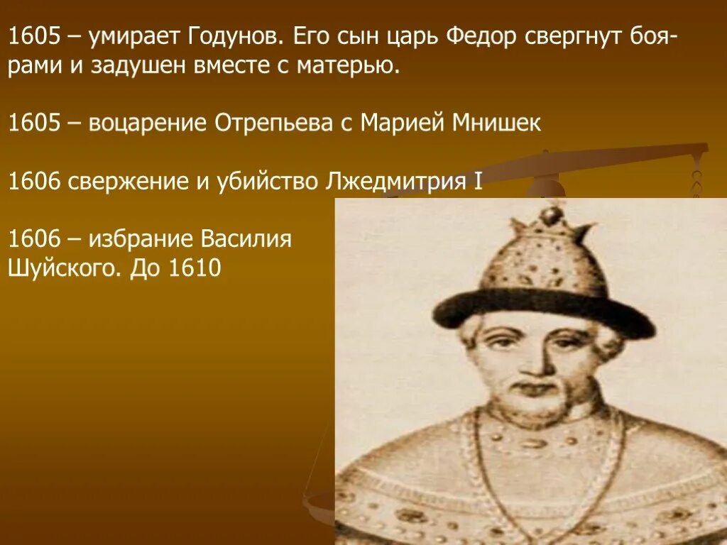 В каком году умер годунов. Смерть Годунова 1605. Реформы Федора Годунова. 1605 1610 Царь.