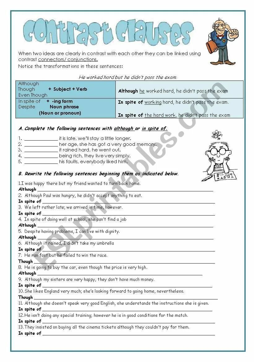 Although exercises. Упражнения на although. concession clauses в английском. упражнения however. clauses of contrast worksheets.