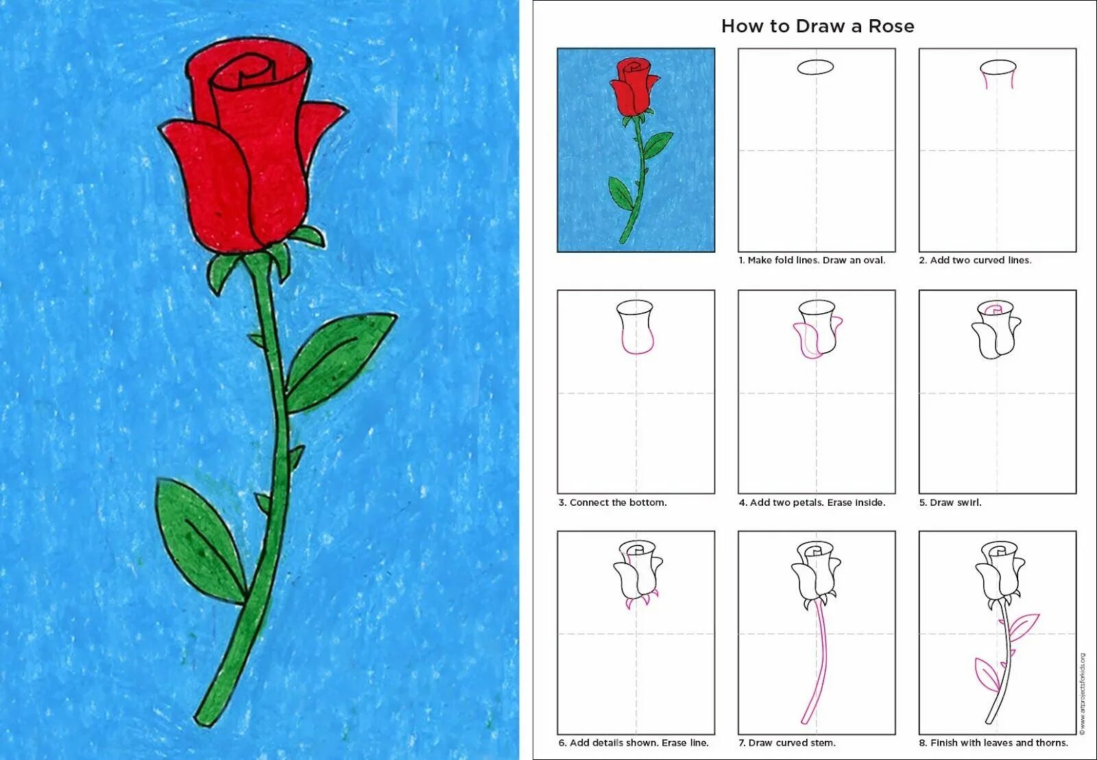 Рисовать открытку поэтапно. Поэтапное рисование розы. Рисование розы для детей.