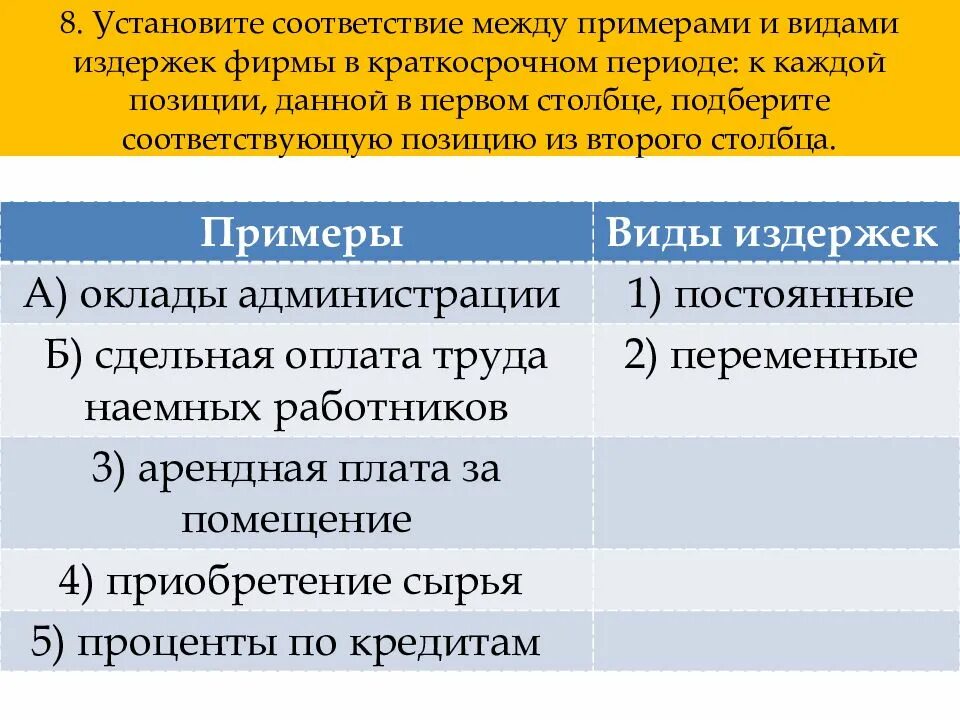 Установите соответствие между примерами и видами норм. Установите соответствие между примерами и видами издержек фирмы. установите соответствие между п. установите соответствие между примерами и видами издержек. виды издержек фирмы в краткосрочном периоде примеры.