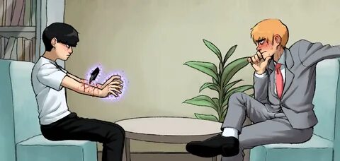 Mob and Reigen sit across from each other at a table in Reigen’s office. 