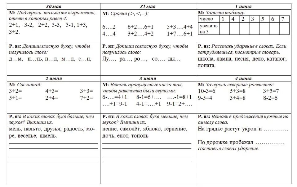 Задания по русскому и математике 1 класс