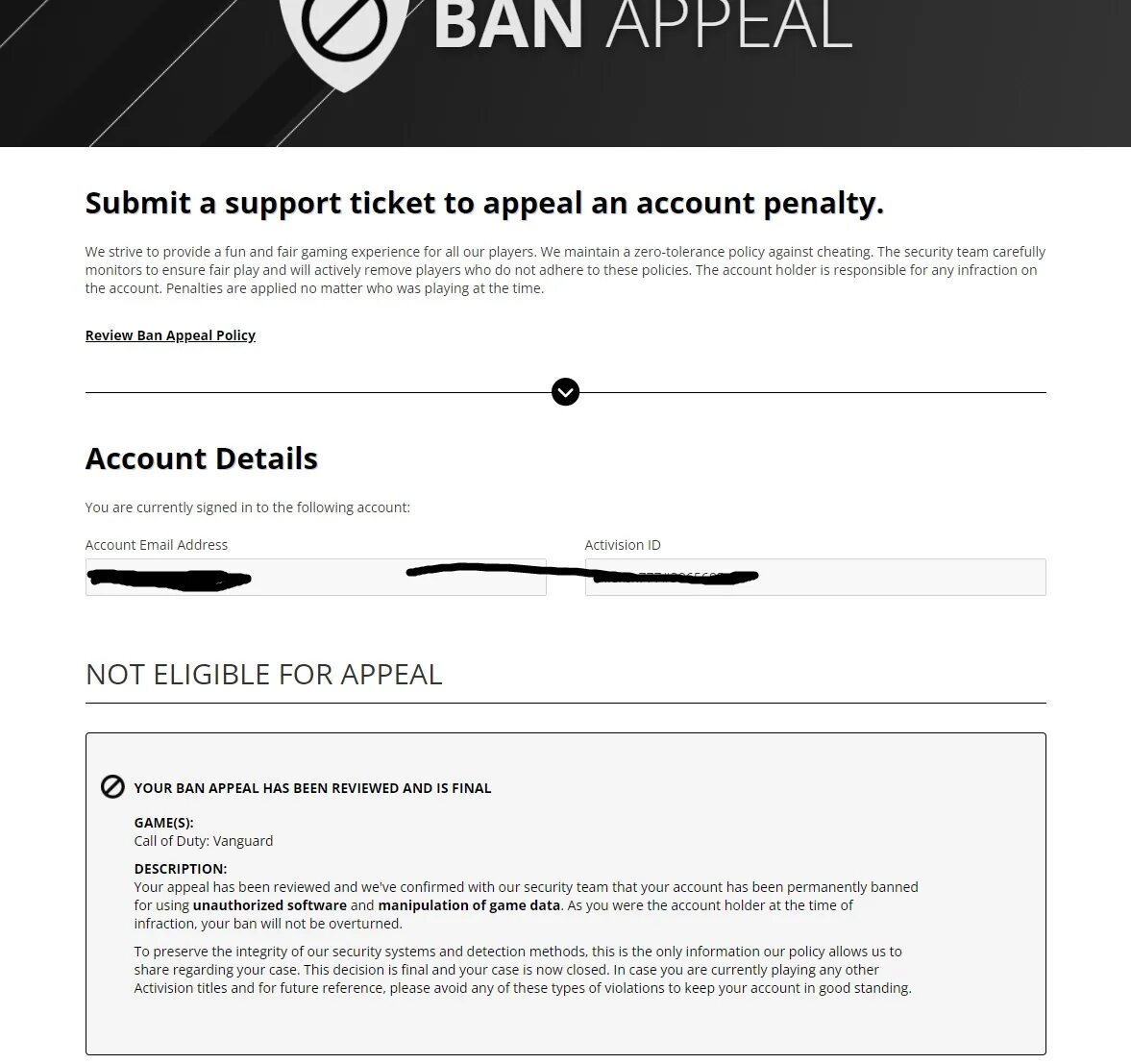 Бан в телеграмме как выглядит. Activision ban appeal. Activision Shadow ban. Бан в Cod.