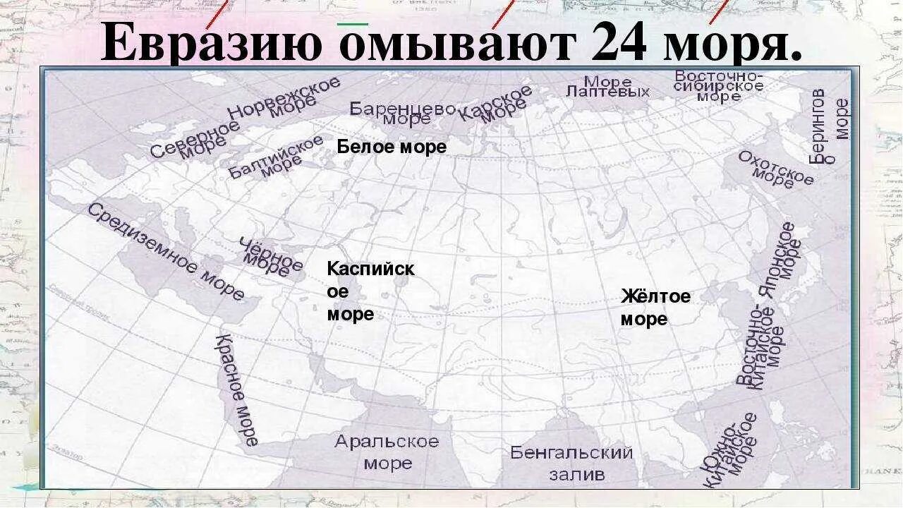 Какой из океанов не омывает берега евразии. Карта Евразии с заливами и проливами морями Океанами. Океаны,моря,заливы,проливы,омывающие материк Евразия. Океаны моря заливы проливы омывающие Евразию. Заливы и проливы Евразии на карте.