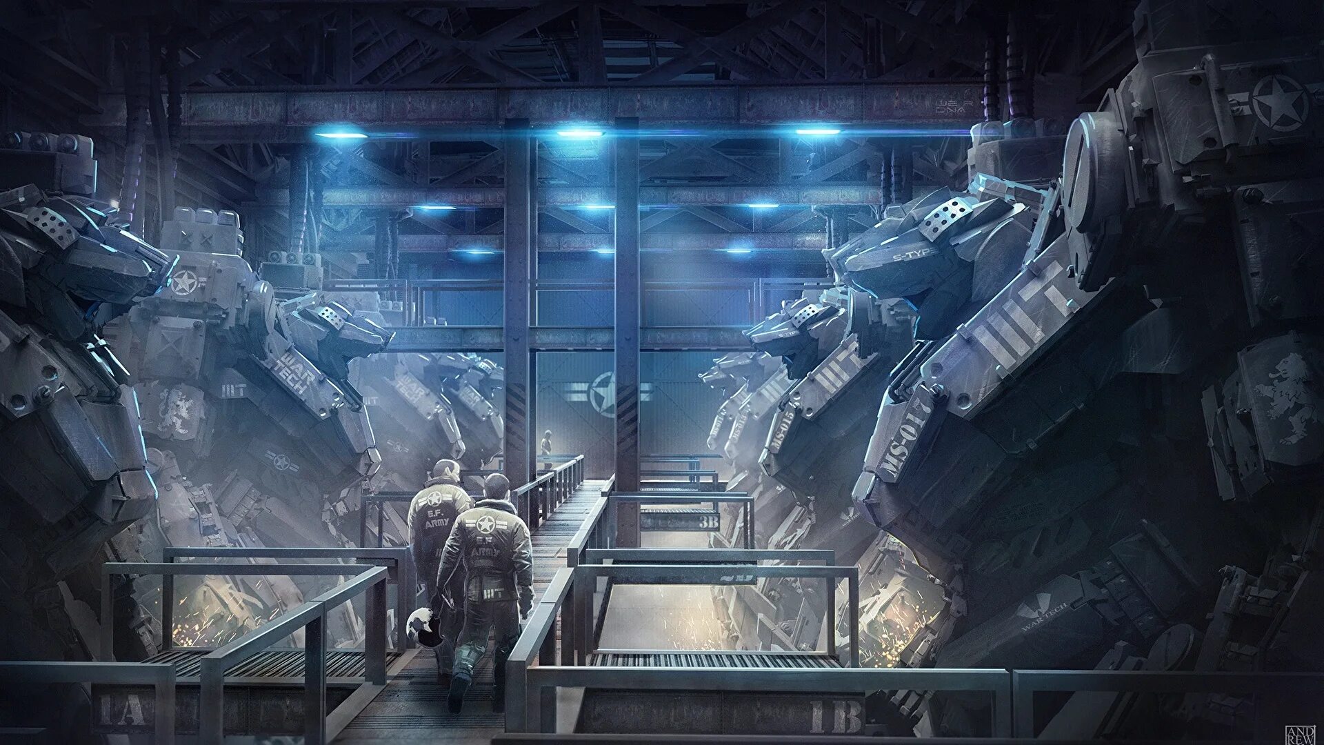 Робот 2 б. Ангар роботов арт sci-fi. sci fi ангар мехи. робот мех sci-fi art. sci fi завод.