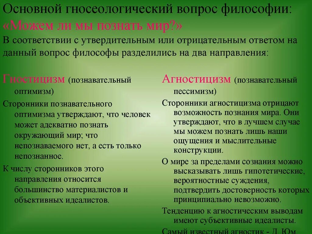 Гносеологическая сторона философии. Гносеологическая сторона вопроса. Сформулируйте основной вопрос философии. Структурно-логическую схему: «основной вопрос философии». Понятие - гностицизм.
