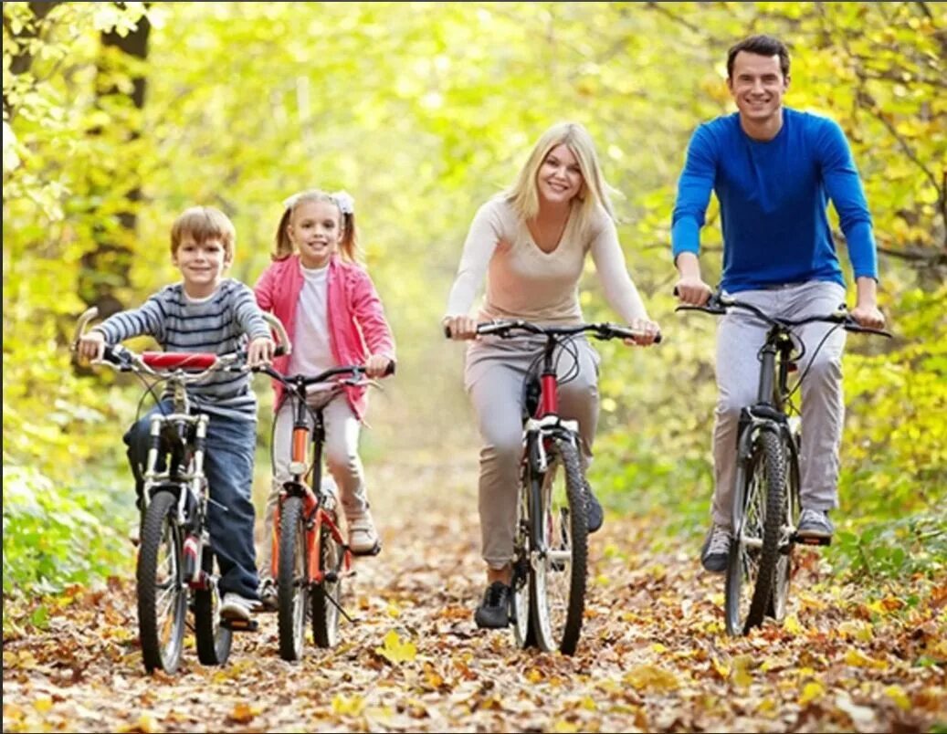 Большая спортивная семья. Семья на велосипедах. Семья на прогулке. Семья катается на велосипедах. Всемирный день без автомобиля.