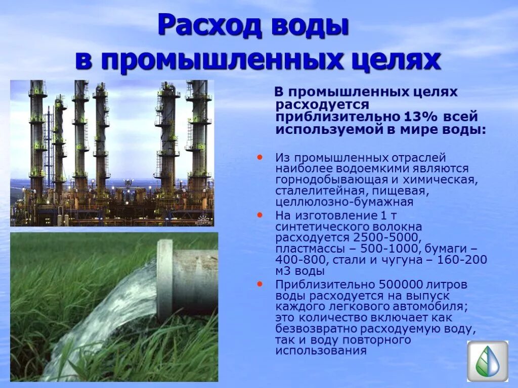 Вода в промышленности. Промышленное потребление воды. Водопотребление в промышленности. Промышленные цели водоснабжения. Общее потребление воды