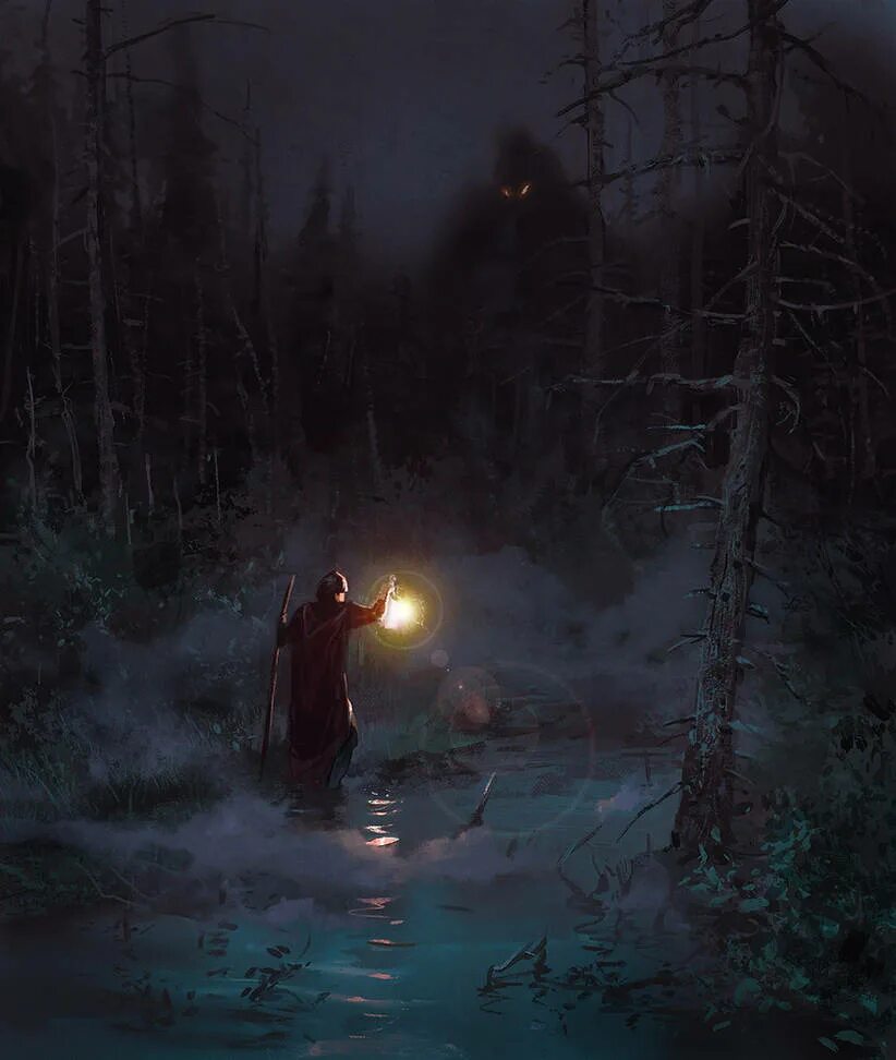 Странник в лесу. «Ночь в лесу». Человек в ночном лесу. Человек в темном лесу. Кроме этих таинственных огоньков в полуверсте ничего