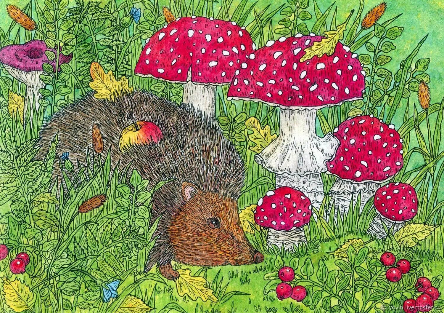 Ежик на полянке. Ежик с мухомором. живопись грибы в лесу. сказочный лес с мухоморами. картина ежики в лесу.