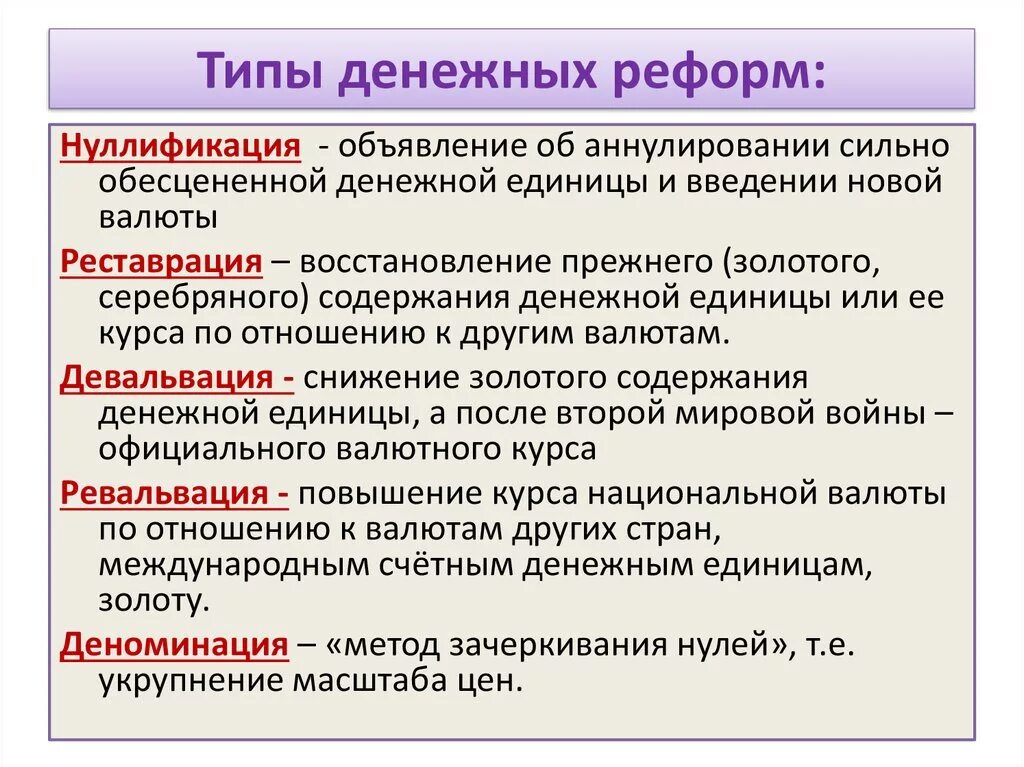 Денежные реформы в россии кратко. Виды денежной реформы Обществознание. Виды денежных реформ. Методы проведения денежных реформ. Типы проведения денежных реформ.