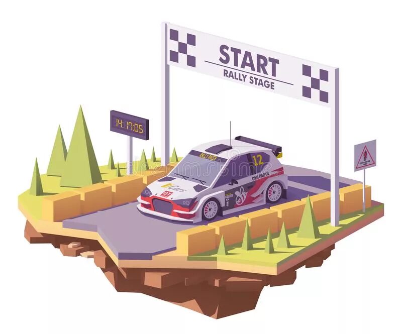 Stage start. Rally race вектор. супер ралли арты персонажей из мультика. vector illustration rally cars. rally stage in car.