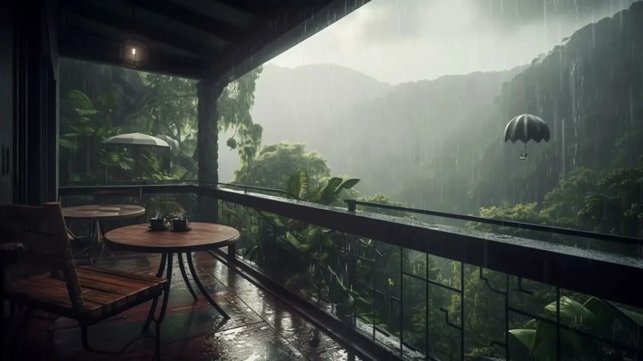 Коттедж с балконом. Вид из окна пасмурно. Балкон дождь. Ночь за окном. Лоджия с дождем.