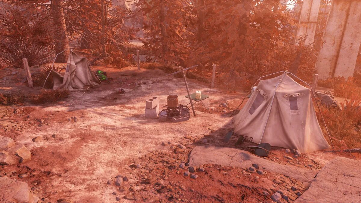 Fallout 76 camp. Озеро Спрус НОБ Fallout 76. Camp фоллаут 76. Дикий рубеж Fallout 76. Палатка из фоллаут 76.