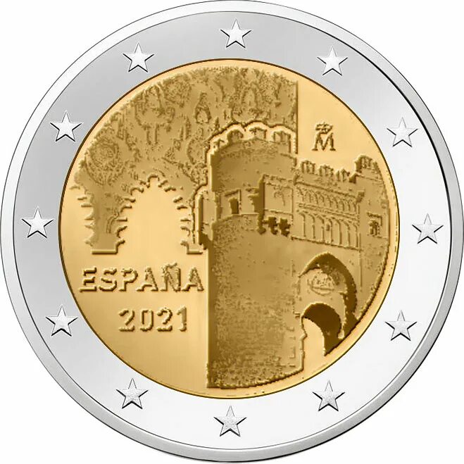 2 Евро 2021 Испания, Толедо. Монеты евро 2021. Монеты евро Испании. 2 Евро монета. Памятные монеты евро