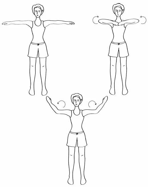 И п руки в стороны. Круговые вращения руками. Круговые вращения локтями. Круговые движения руками вверх. Круговые движения руки к плечам.
