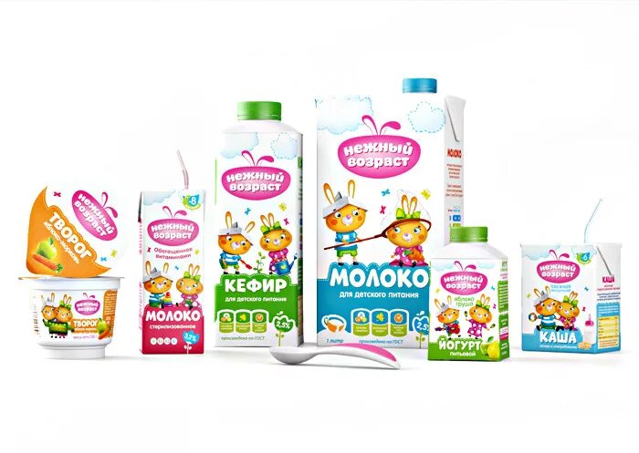 Молочные продукты ребенку 2 года. Упаковка для детского молочного питания. Упаковка с персонажем. Упаковка детских молочных продуктов. Нежный Возраст продукция.
