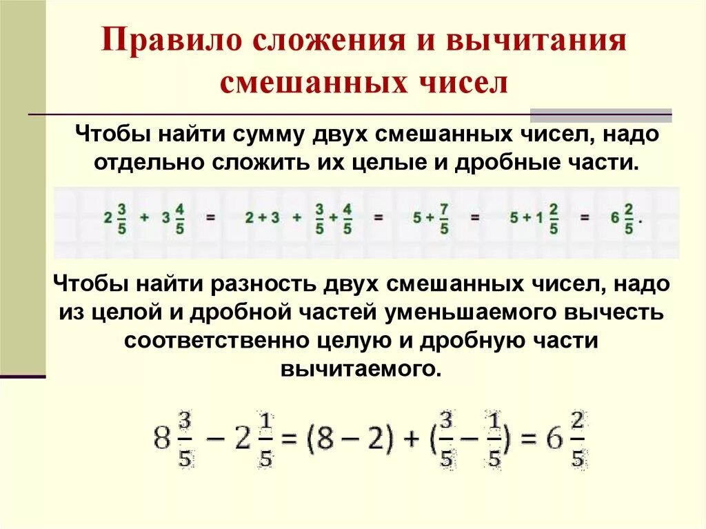 Правила сложения и вычитания смешанных дробей. Правила сложения и вычитания смешанных чисел. Правило сложения дробей смешанных чисел. Сложение и вычитание смешанных чисел правило.