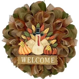Large, Premium, Full Handmade Deco Mesh Turkey Thanksgiving Wreath. 