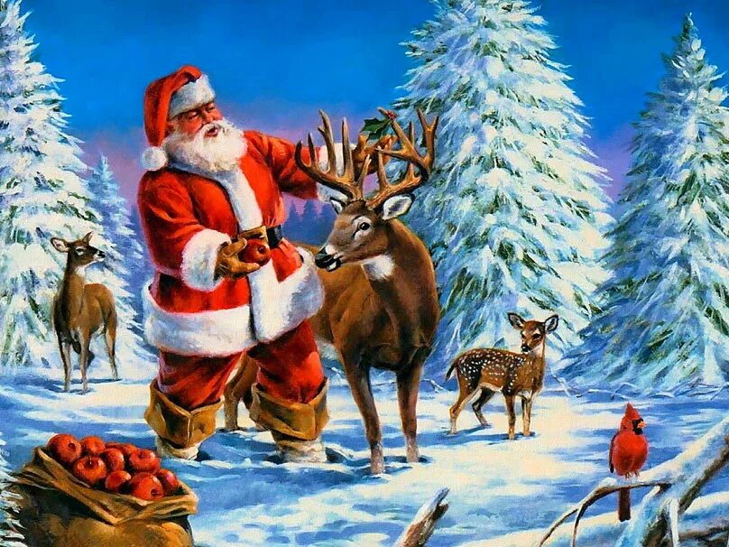 Открытка в новый год. Новый год к нам идет картинки. Дед мороз с мешком в лесу. Дед мороз и елка. Дед мороз на санях с оленями.