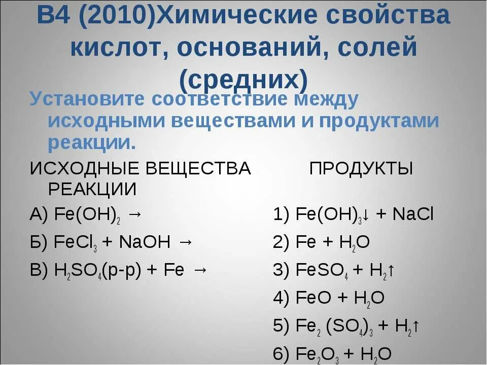 Свойства кислот солей и оснований. Химические свойства кислот. Химические свойства средних солей. Соответствие между исходными веществами и продуктами реакции.