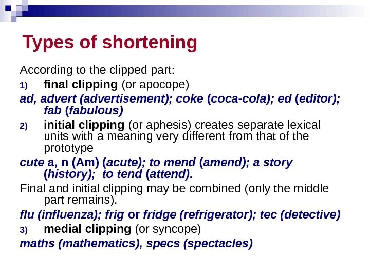 Types of shortening in English. Shortening примеры. Shortening in Lexicology примеры. Word shortening. Types of possible