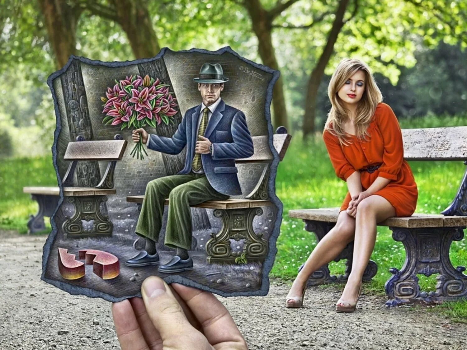 Художник Бен Хайне. Ben Heine художник. Бельгийский художник Бен Гейне. Девушка на скамейке в парке. Красоту сидели люди