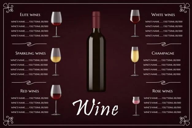 Wine Card Menu Design with Realistic Glass. Restaurant Wine List Drink Menu, Red
