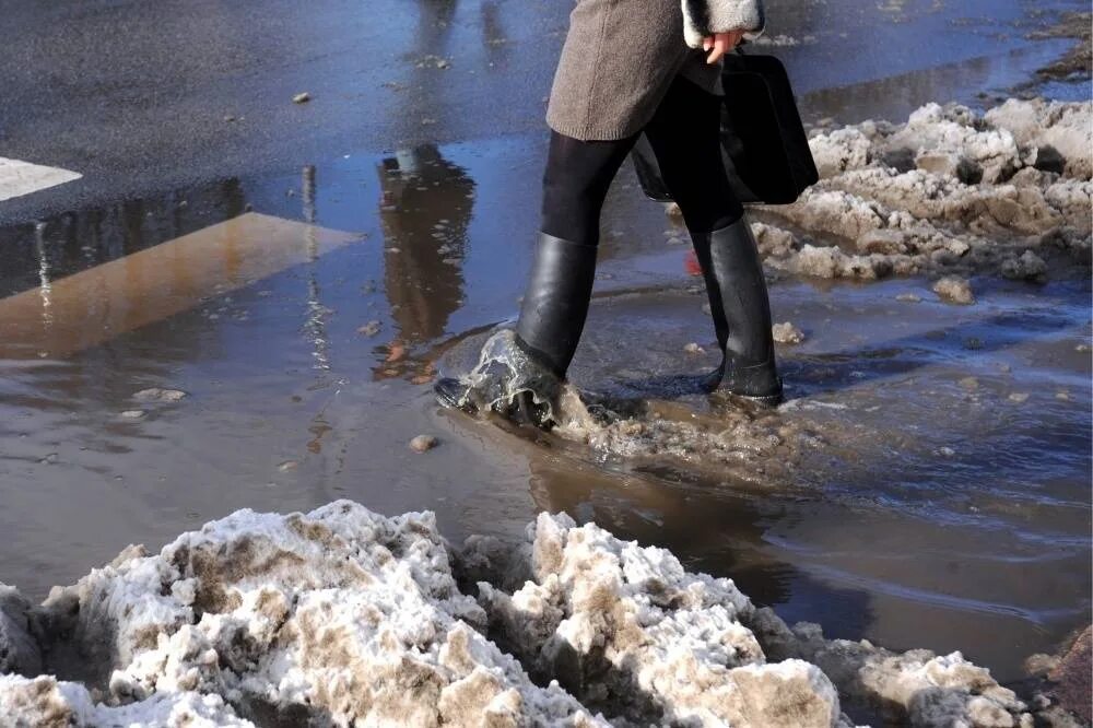 Идет потепление. Тает снег лужи. Лужа зимой. Весенние лужи.